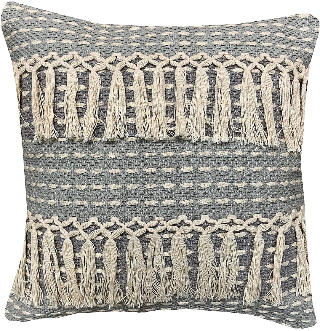 Handwoven Grey Tassels Accent Pillow Textured Nautical