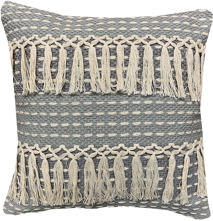 Handwoven Grey Tassels Accent Pillow Textured Nautical