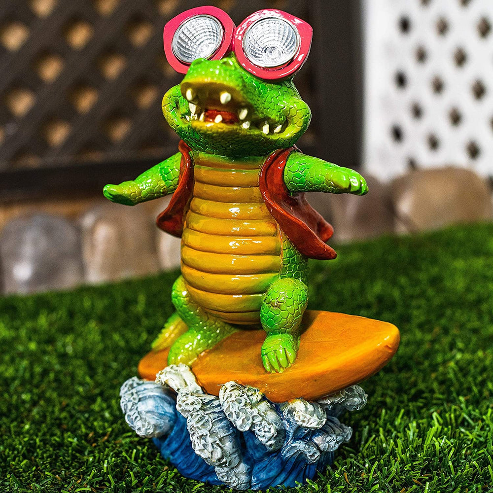 MISC Solar Crocodile Statue Surfing Green Polyresin Painted