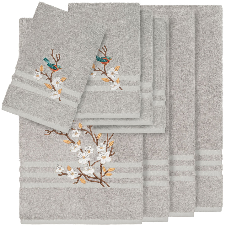 Turkish Cotton Blue Bird Embroidered Light Grey 8-piece