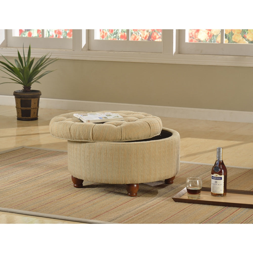 Moses Tan And Cream Tweed Tufted Storage Ottoman Solid Casual Round Fabric Foam Wood