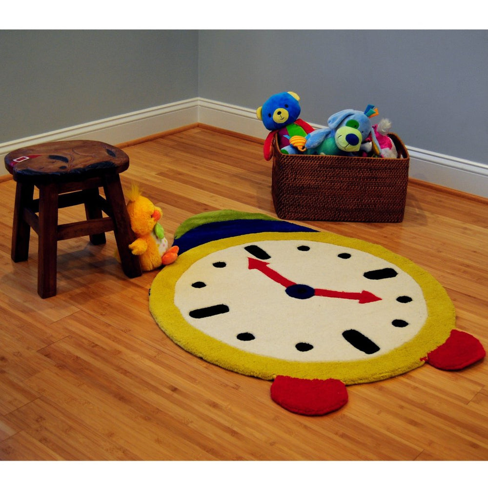 2'8 x 3'8 Kids Ivory Yellow Blue Green Red Clock Area Rug Round Indoor Vibrant Colorful Time Alarm Clock Carpet Mat Geometric Pattern