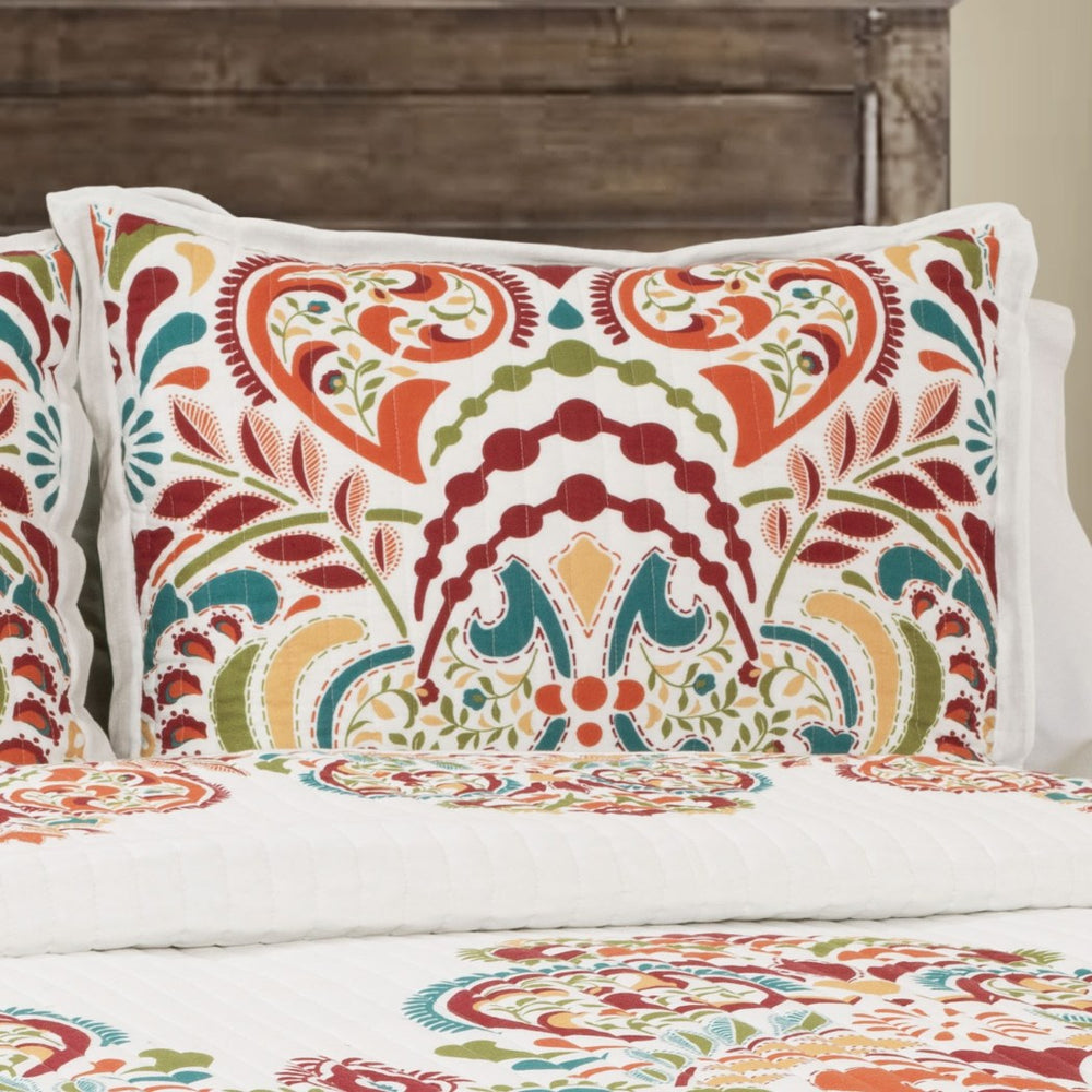 Rainbow Bohemian Theme Quilt Set Damask Scroll Floral Motif Bedding Vibrant Boho Chic Flower Themed Pattern Red
