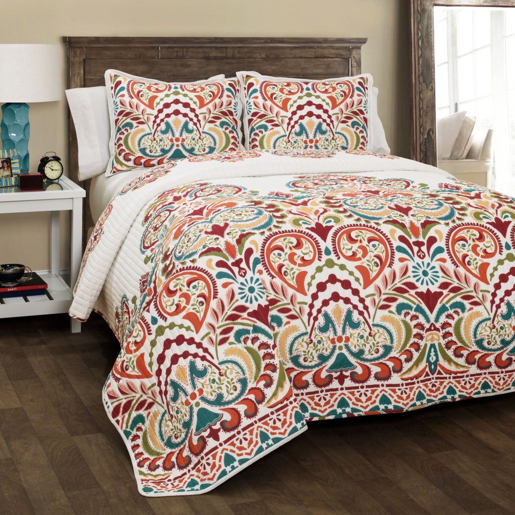 Rainbow Bohemian Theme Quilt Set Damask Scroll Floral