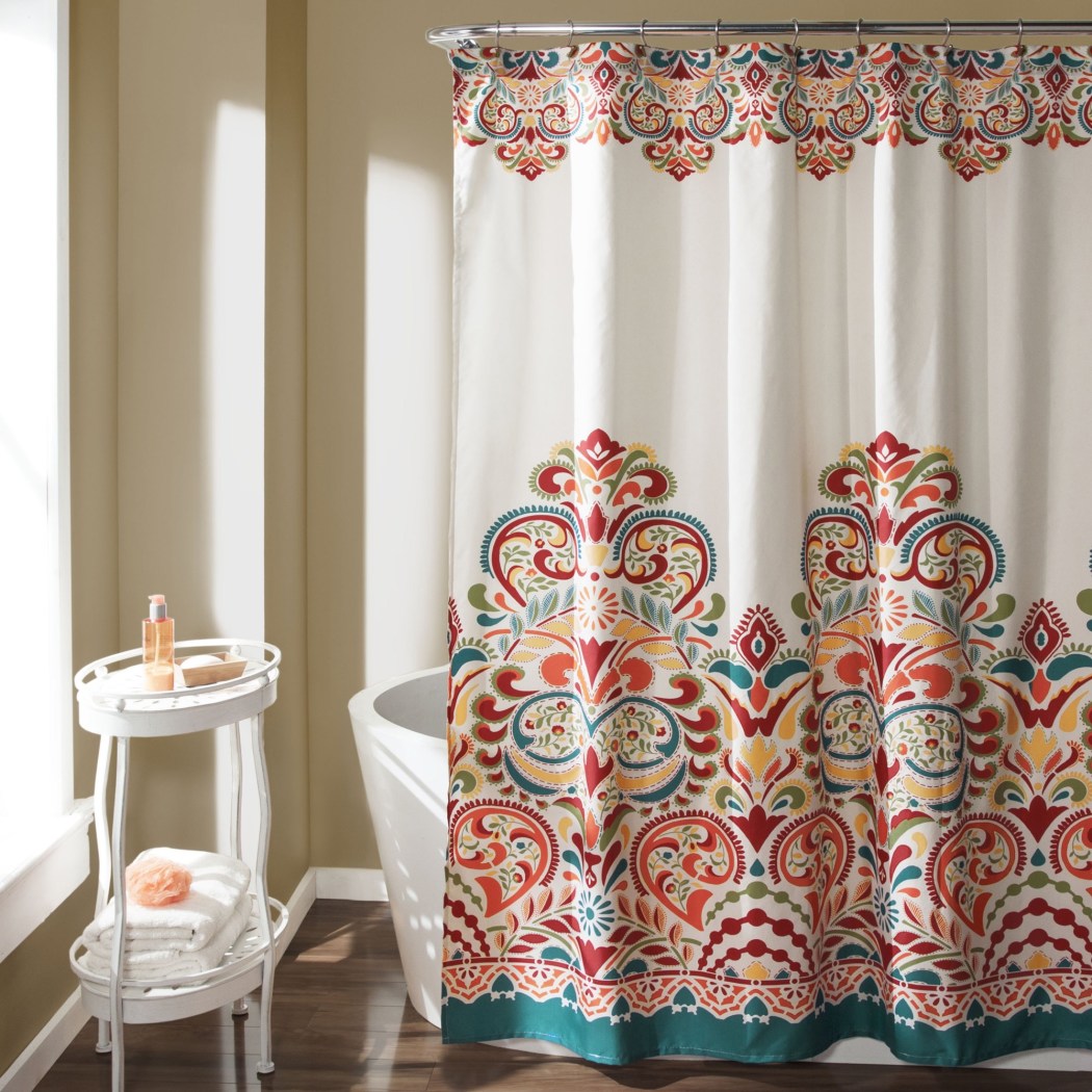 Turquoise Blue Orange Damask Floral Pattern Shower Curtain
