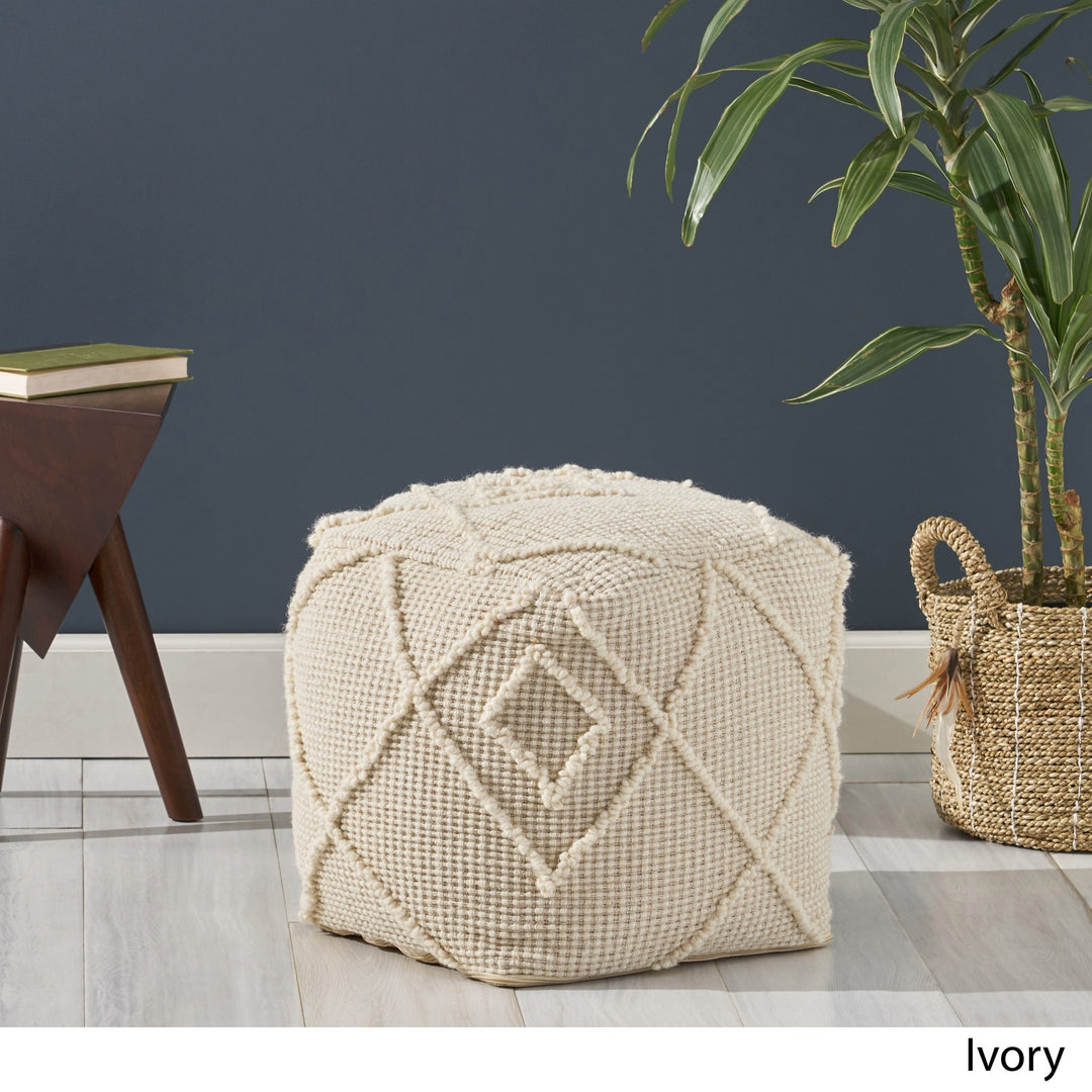 Merton Boho Wool and Cotton Ottoman Pouf by Ivory Modern Contemporary Pattern Square Handmade