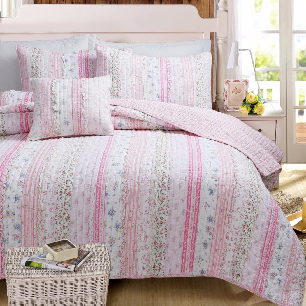 Girls Floral Stripes Pattern Quilt Set Beutiful Romantic