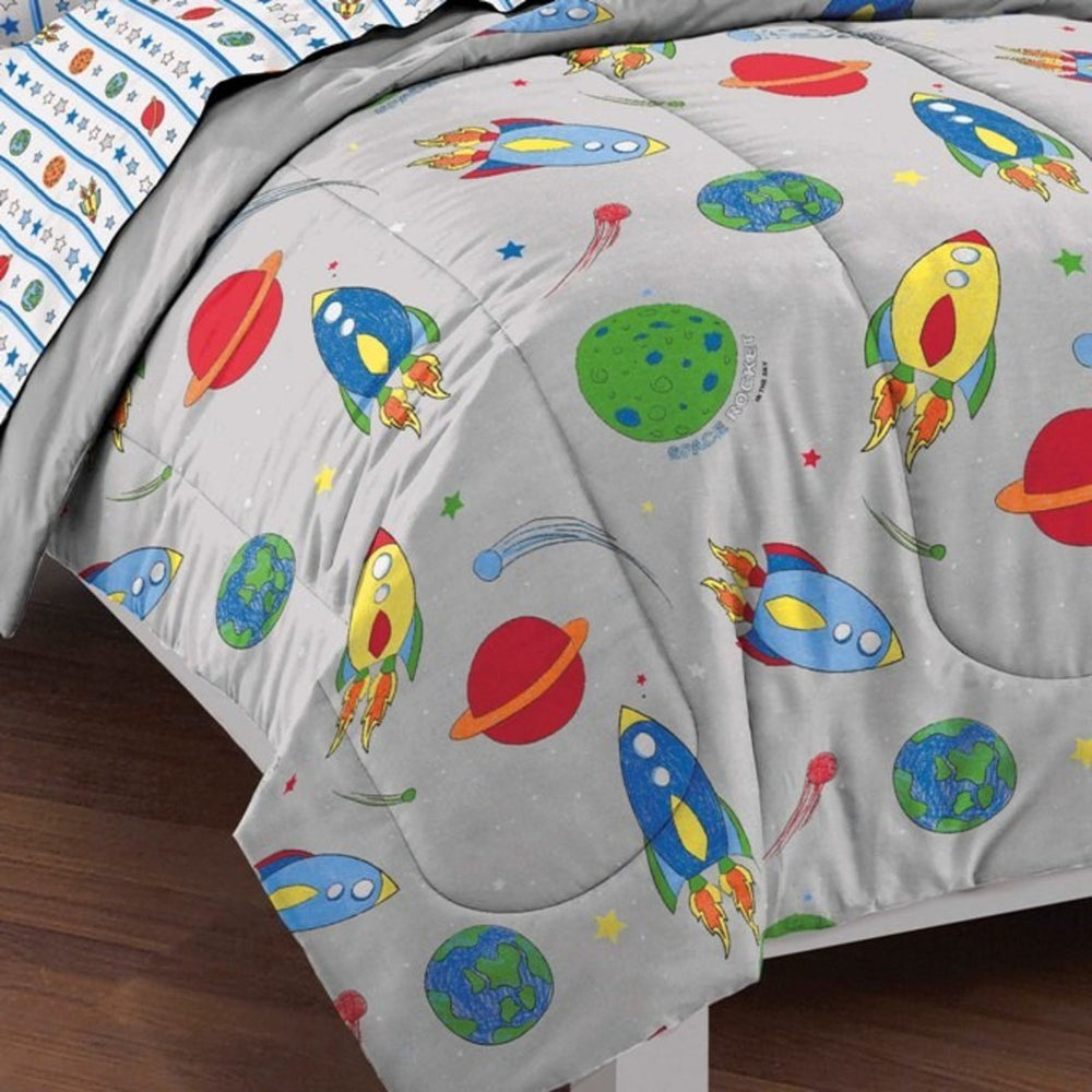 Boys Grey Outer Space Themed Comforter Twin Set Rocket Ship Plants Bedding Meteor Stars Planet Earth Moon Saturn Orbit Rocket Comets Gray Blue Red