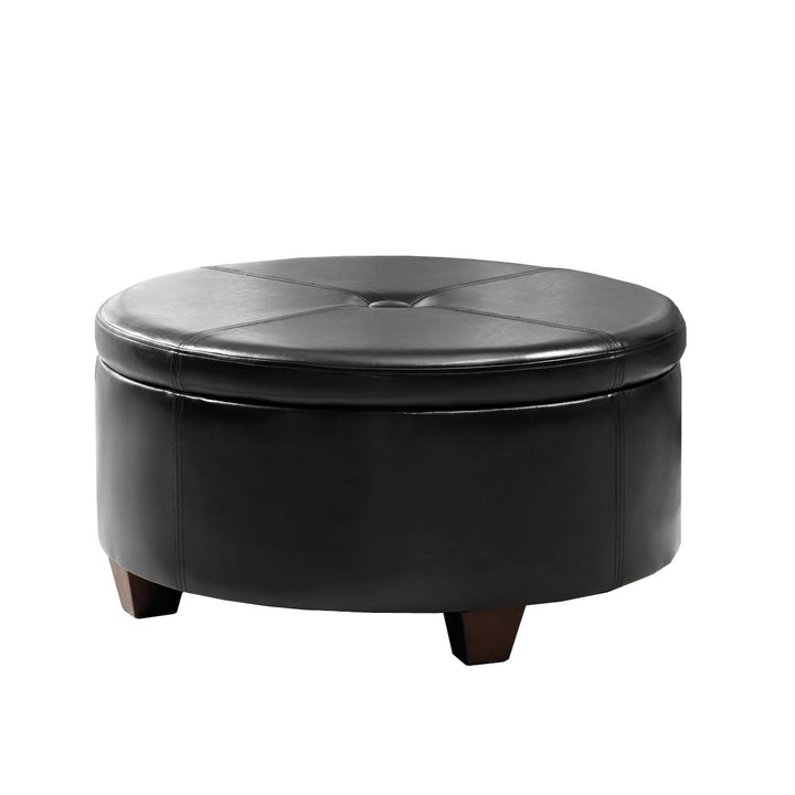 Julius Large Round Button-top Storage Ottoman Black Solid Modern Contemporary Faux Leather