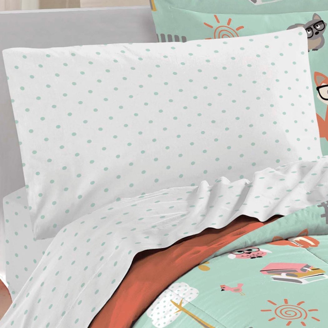 Kids Animal Friend Comforter Twin Set Cute Friendly Outdoor Animals Polka Dot Bedding Fun Forest Friends Fox Raccoon Owl Birds Tree Themed Pattern